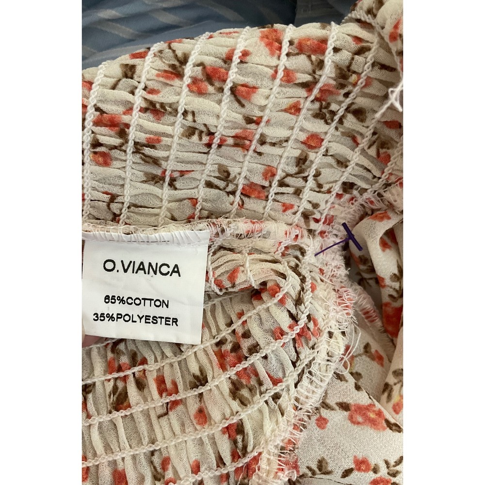O.VIANCA Womens Medium Floral Smocked Crop Top Long Balloon Sleeve Orange Cream - Picture 3 of 9